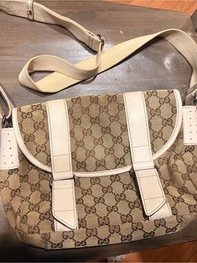 Gucci Beige GG Canvas Crossbody with White Leather Trim